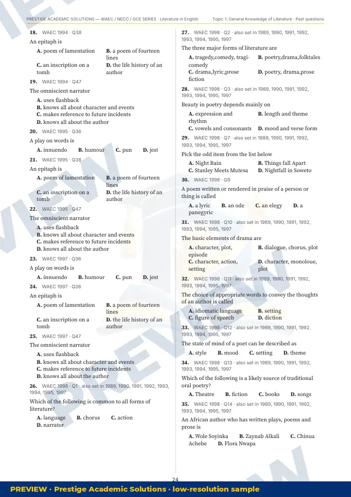 Preview page: Past questions with exam & year — Literature in English — WAEC / NECO / GCE Series
