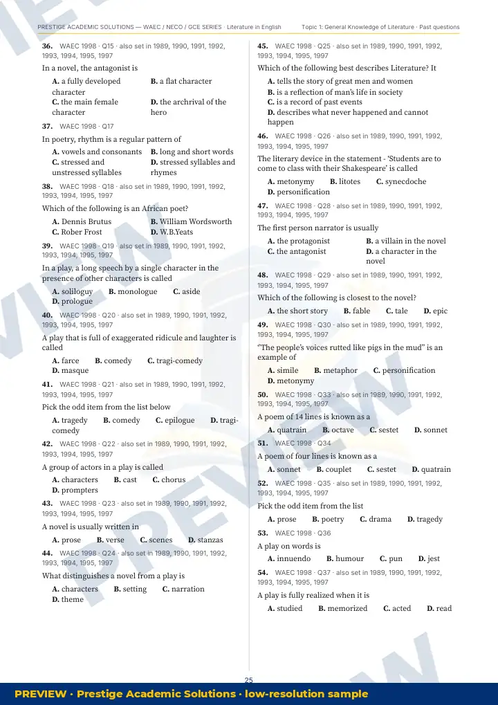 Preview page: Past questions with exam & year — Literature in English — WAEC / NECO / GCE Series