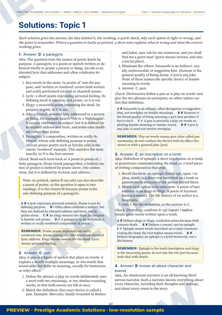 Preview page: Detailed solutions — Literature in English — WAEC / NECO / GCE Series