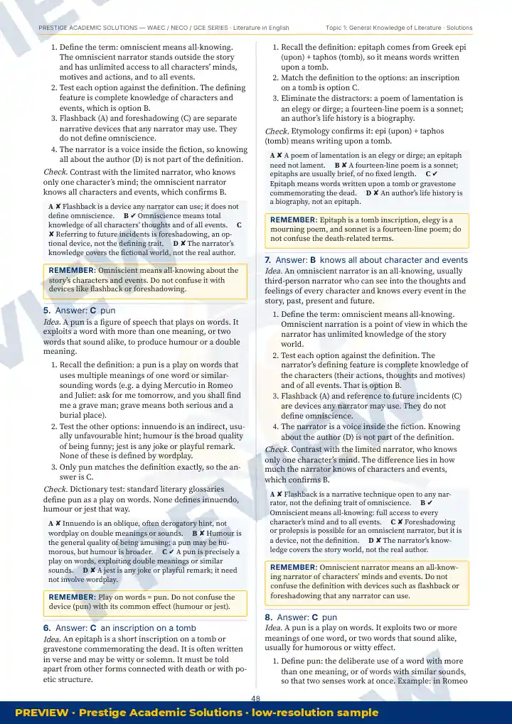 Preview page: Detailed solutions — Literature in English — WAEC / NECO / GCE Series