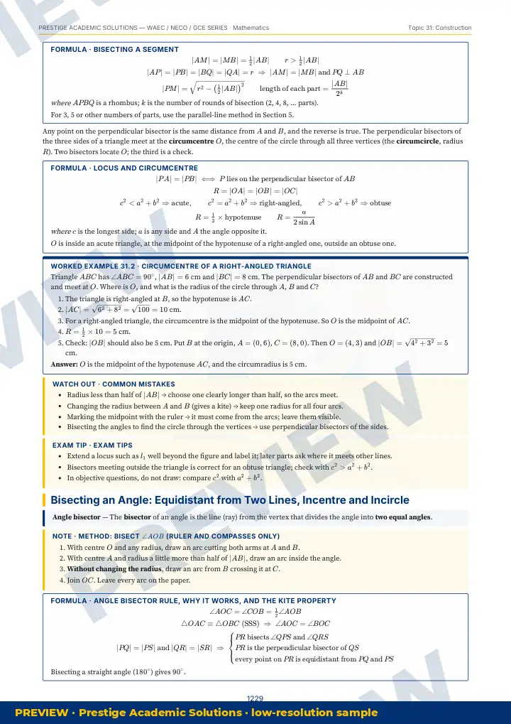 Preview page: Formulas & key rules — Mathematics — WAEC / NECO / GCE Series