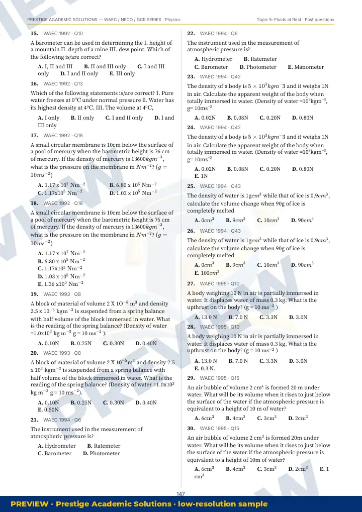 Preview page: Past questions with exam & year — Physics — WAEC / NECO / GCE Series