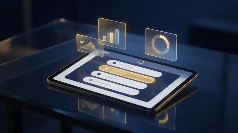 Illustration: a tablet showing an exam-style CBT screen with glowing panels
